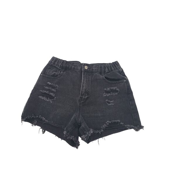 Forever 21 Denim Shorts Large Womens Black Distressed Raw Hem Elastic Waist - Picture 1 of 5